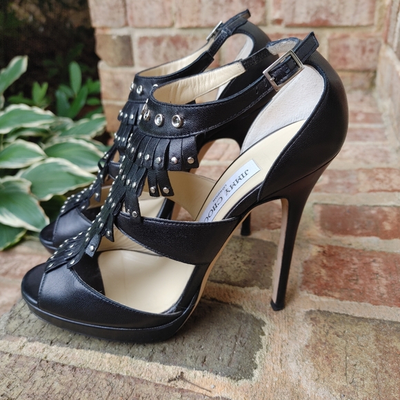 JIMMY CHOO BLACK LEATHER STUDDED FRINGE PLATFORM SANDALS, 39 - Picture 10 of 16